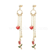 Enamel Heart & Rose Dangle Stud Earrings, Gold Plated Alloy Long Tassel Drop Earrings for Valentine's Day, Red, 80mm, Pin: 0.8mm(EJEW-JE05041-02)