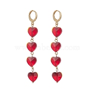 Glass Heart Tassel Dangle Leverback Earrings, Golden Brass Long Drop Earrings for Women, Red, 70mm, Pin: 0.8mm(EJEW-TA00200)