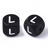 Food Grade Eco-Friendly Silicone Beads, Horizontal Hole, Chewing Beads For Teethers, DIY Nursing Necklaces Making, Cube, Black, Letter.L, 12x12x12mm, Hole: 2mm(SIL-T055-L)