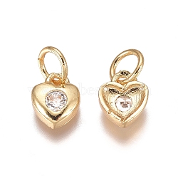 Brass Pendants, with Cubic Zirconia and Jump Rings, Heart, Clear, Golden, 7x6x2mm, Hole: 3mm(X-ZIRC-I038-35G)