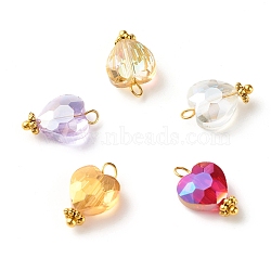 Electroplate Glass Beads Pendants, Faceted, with Brass Ball Head Pins and Tibetan Style Alloy Daisy Spacer Beads, Heart, Golden, Mixed Color, 15x9x5.5mm, Hole: 1.6mm(X-PALLOY-JF01137)