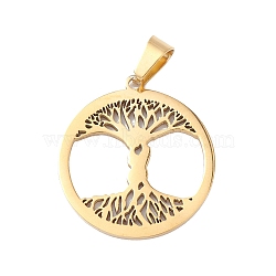 304 Stainless Steel Pendants, Laser Cut, Flat Round with Tree of Life Charm, Golden, 27.5x25x1mm, Hole: 7x4.5mm(STAS-D068-01G)