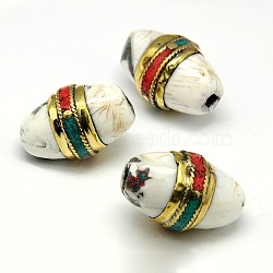 Handmade Tibetan Style Beads, Thai Sterling Silver with Turquois and Synthetic Coral, Rice, Antique Golden, WhiteSmoke, 24~30x18~19mm, Hole: 3mm(X-TIBEB-K023-17)