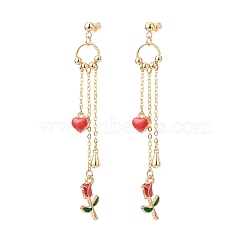 Enamel Heart & Rose Dangle Stud Earrings, Gold Plated Alloy Long Tassel Drop Earrings for Valentine's Day, Red, 80mm, Pin: 0.8mm(EJEW-JE05041-02)