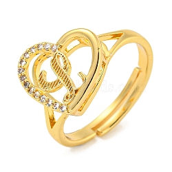 Heart with Letter Rack Plating Brass Micro Pave Cubic Zirconia Adjustable Rings for Women, Lead Free & Cadmium Free, Real 18K Gold Plated, Letter L, Inner Diameter: 16mm(RJEW-I105-06G-L)