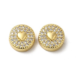 Rack Plating Brass Micro Pave Cubic Zirconia Beads, Long-Lasting Plated, Lead Free & Cadmium Free, Flat Round with Heart, Real 18K Gold Plated, 12x4.8mm, Hole: 1.8mm(KK-K377-17G)