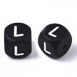 Food Grade Eco-Friendly Silicone Beads, Horizontal Hole, Chewing Beads For Teethers, DIY Nursing Necklaces Making, Cube, Black, Letter.L, 12x12x12mm, Hole: 2mm(SIL-T055-L)