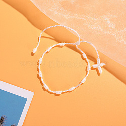 Cross Nylon Cord Braided Bead Bracelets, Rosary Cord Bracelets for Couple Friends, White, 6-1/4~11-3/4 inch(16~30cm)(WG2C716-08)
