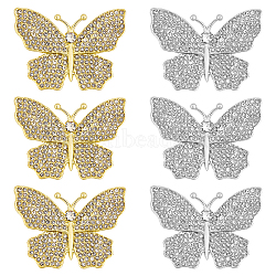 6Pcs 2 Colors Butterfly Alloy Rhinestone Lapel Pins for Backpack Clothes, Platinum & Light Gold, 30x41.5mm, 3pcs/color(JEWB-OC0001-07)