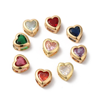 Brass Slide Charms, with Glass, Heart Shape, Golden, Mixed Color, 9x8x5mm, Hole: 4x2mm