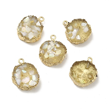 Transparent Resin Pendants, Nuggets Charm, with Light Gold Tone Iron Findings and Gold Foil, White, 21~23x17~20x5.5mm, Hole: 1.6mm