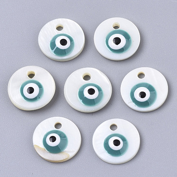 Natural Freshwater Shell Charms, with Enamel, Flat Round with Evil Eye, Dark Cyan, 10x3mm, Hole: 1mm