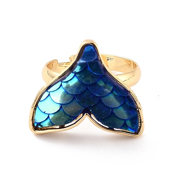 Mermaid Fishtail Resin Adjustable Finger Ring, Brass Ring for Girl Women, Golden, Prussian Blue, US Size 7(17.3mm)