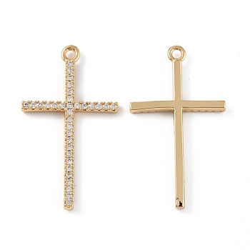 Brass Micro Pave Clear Cubic Zirconia Pendants, Cross Charms, Real 18K Gold Plated, 28.5x16x2mm, Hole: 1.4mm