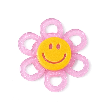 Acrylic Cabochons, with Glitter Powder, Flower with Smiling Face, Violet, 37x4.5mm