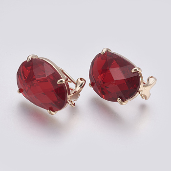 Faceted Glass Stud Earring Findings, with Loop, Light Gold Plated Brass Findings, Oval, Dark Red, 20x15.5x6~6.5mm, Hole: 1.2mm, Pin: 0.7mm
