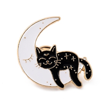 Cat with Moon Enamel Pin, Cute Alloy Enamel Brooch for Backpacks Clothes, Light Gold, White, 30x31x9.5mm