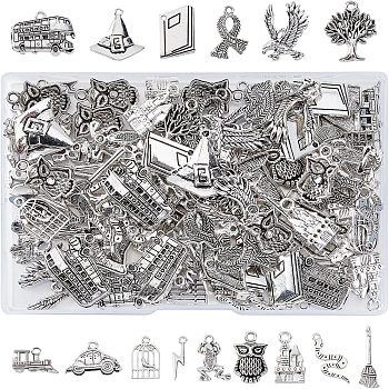 150Pcs 15 Style Tibetan Style Alloy Pendants for Teachers' Day, Scarf & Snake & Owl & Train & Car & Lightning Bolt & Witch Hat & Castle & Book & Frog & Bird in Cage & Tree of Life, Antique Silver, 10pcs/style