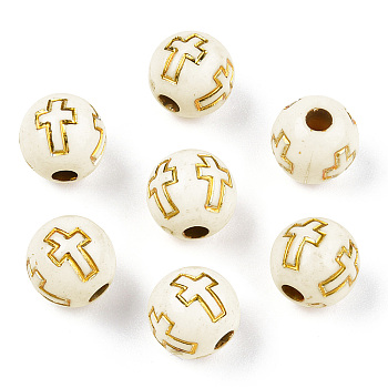 Plating Acrylic Beads, Golden Metal Enlaced, Round with Cross, Beige, 8mm, Hole: 2mm