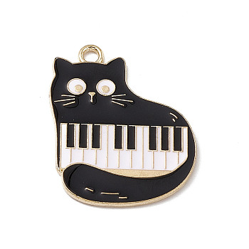 Music Theme Charm, Alloy Enamel Pendants, Cat with Piano, Golden, Black, 28x22.5x1.2mm, Hole: 2mm