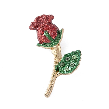 Alloy Rhinestone Brooches, Rose Flower, Golden, Red, 36.5x25.5mm