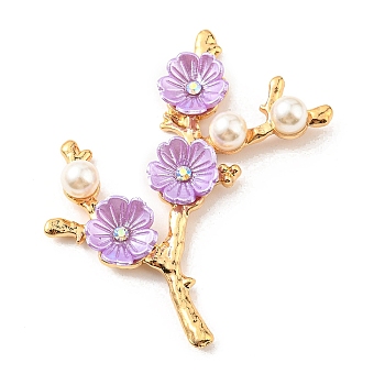 Zinc Alloy Cabochons, with Plastic Imitation Pearls and Rhinestones, Flower Branch, Blue Violet, 53x48.5x7.6mm