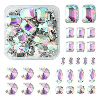 48Pcs 6 Style Horse Eye & Rectangle Octagon & Flat Round Sew on Rhinestone, Multi-strand Links, Glass Rhinestone, with Platinum Tone Brass Prong Settings, Garments Accessories, Faceted, Clear AB, 8~18x4~13x3.5~7mm, Hole: 0.8~1mm, 8pcs/style
