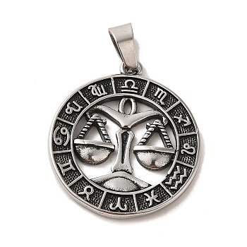 304 Stainless Steel Pendants, Flat Round with Twelve Constellations Charms, Antique Silver, Libra, 28x25x2mm, Hole: 7x5mm