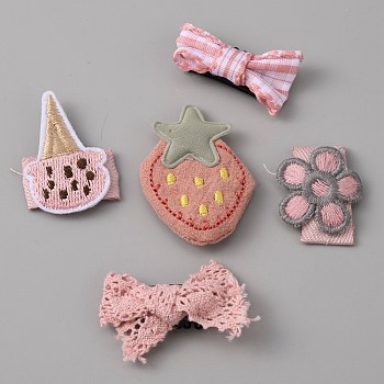 Cute Strawberry/Bowknot/Ice-cream/Flower Polyester & Cotton Hair Clips Set, with Iron Finding, for Girls, Mixed Color, 21x39x10mm, 5pcs/set