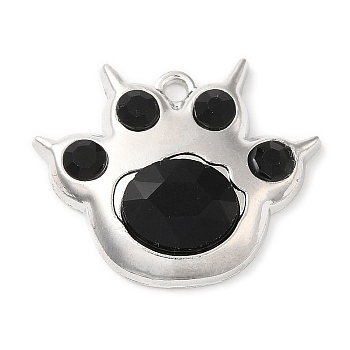 Alloy Pendants, with Glass, Platinum, Cat Paw Print Charm, Black, 21.5x29.5x2.5mm, Hole: 1.8mm