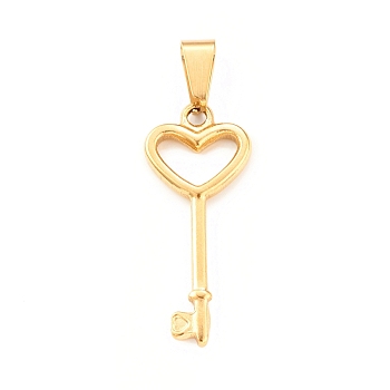 Ion Plating(IP) 304 Stainless Steel Pendants, Heart Key Charm, Golden, 35.5x15x3mm, Hole: 4x8mm