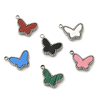 304 Stainless Steel Pendants, with Synthetic Malachite & Acrylic & Shell, Butterfly Charm, Stainless Steel Color, 11x15x3mm, Hole: 1.8mm