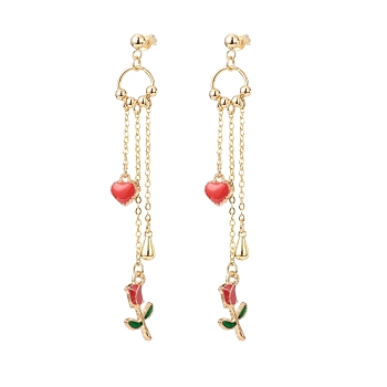 Enamel Heart & Rose Dangle Stud Earrings, Gold Plated Alloy Long Tassel Drop Earrings for Valentine's Day, Red, 80mm, Pin: 0.8mm
