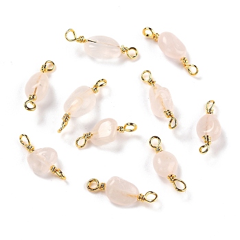 Natural Rose Quartz Links Connectors, with Golden Copper Wire, Cadmium Free & Lead Free, Chip, 13~19x3.5~8mm, Hole: 1.5mm