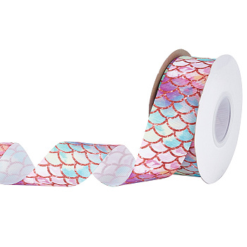 20 Yards Flat Printed Polyester Grosgrain Ribbon, Scaled Print Ribbon, Colorful, 38x0.4mm