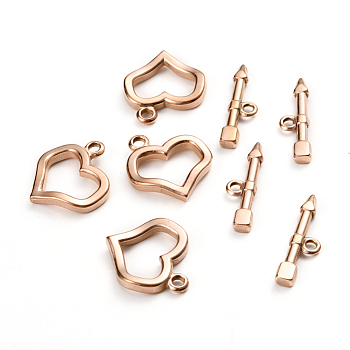 Ion Plating(IP) 304 Stainless Steel Toggle Clasps, Heart & Arrow, Rose Gold, Ring: 20x18x3mm, Hole: 2mm, Bar: 23.5x6.5x2.5mm, Hole: 1.8mm