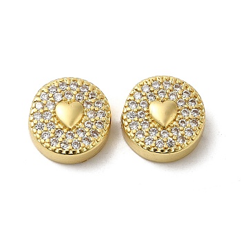 Rack Plating Brass Micro Pave Cubic Zirconia Beads, Long-Lasting Plated, Lead Free & Cadmium Free, Flat Round with Heart, Real 18K Gold Plated, 12x4.8mm, Hole: 1.8mm