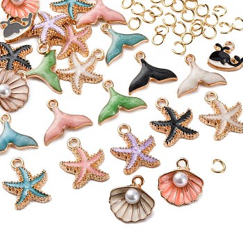 26Pcs 13 Styles Alloy Pendants, with Enamel, Mixed Shape, with 26Pcs 304 Stainless Steel Open Jump Rings, Mixed Color, 12.5~18x14.5~17.5x3~6mm, Hole: 1.6mm, 2pcs/style