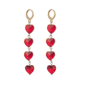 Glass Heart Tassel Dangle Leverback Earrings, Golden Brass Long Drop Earrings for Women, Red, 70mm, Pin: 0.8mm