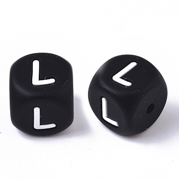 Food Grade Eco-Friendly Silicone Beads, Horizontal Hole, Chewing Beads For Teethers, DIY Nursing Necklaces Making, Cube, Black, Letter.L, 12x12x12mm, Hole: 2mm