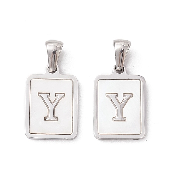 304 Stainless Steel Pave Shell Pendants, Rectangle Charm, Stainless Steel Color, Letter Y, 17.5x12x1.5mm, Hole: 3x5mm