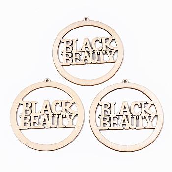 Undyed Natural Wooden Big Pendants, Laser Cut Shapes, Donut with Word Black Beauty, Antique White, 83.5x79x2mm, Hole: 3mm
