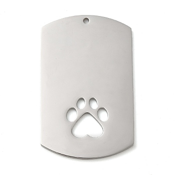 304 Stainless Steel Pendants, Stainless Steel Color, Rectangle Charm, Laser Cut, Paw Print, 45x28x1.5mm, Hole: 1.6mm