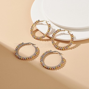2 Pair 2 Color Round Brass Braided Bead Hoop Earrings(EJEW-JE05080)-4