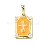 Brass Micro Pave Cubic Zirconia Pendants, with Enamel & ABS Plastic Pearl, Long-Lasting Plated, Rack Plating, Lead Free & Cadmium Free, Rectangle with Cross Charms, Real 18K Gold Plated, Orange, 20x13x4mm, Hole: 3x6mm(KK-H255-07G-04)