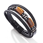 Natural Tiger Eye Beads Bangles, Imitation Leather Multilayer Bangles, with Magnetic Buckle for Men, 8-1/2 inch(21.59cm)(PW-WG9293D-01)