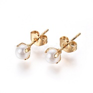 304 Stainless Steel Stud Earrings, with Imitation Pearl Acrylic Beads and Ear Nuts/Earring Back, Round, White, Golden, 16.5x4.5mm, Pin: 0.7mm, 12pairs/card(EJEW-I229-01G-A)