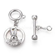 Shell Toggle Clasps, with Brass Crystal Rhinestone Findings, Flat Round with Rabbit, Platinum, 41.5mm, Flat Round: 17x15x3.5mm, O Clasps: 12x12x1mm, T Clasps: 5.5x18x4mm(KK-P223-10P)