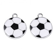 Eco-Friendly Alloy Enamel Hollow Pendants, Sports Charms, Flat Round with Football Pattern, Platinum, White, 24x20x2.5mm, Hole: 3mm(X-PALLOY-R122-09)