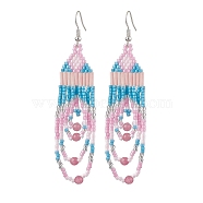 Iron with Glass with Natural White Jade Dangle Stud Earring, Tassel, Pink, 86x22mm(EJEW-MZ00183)